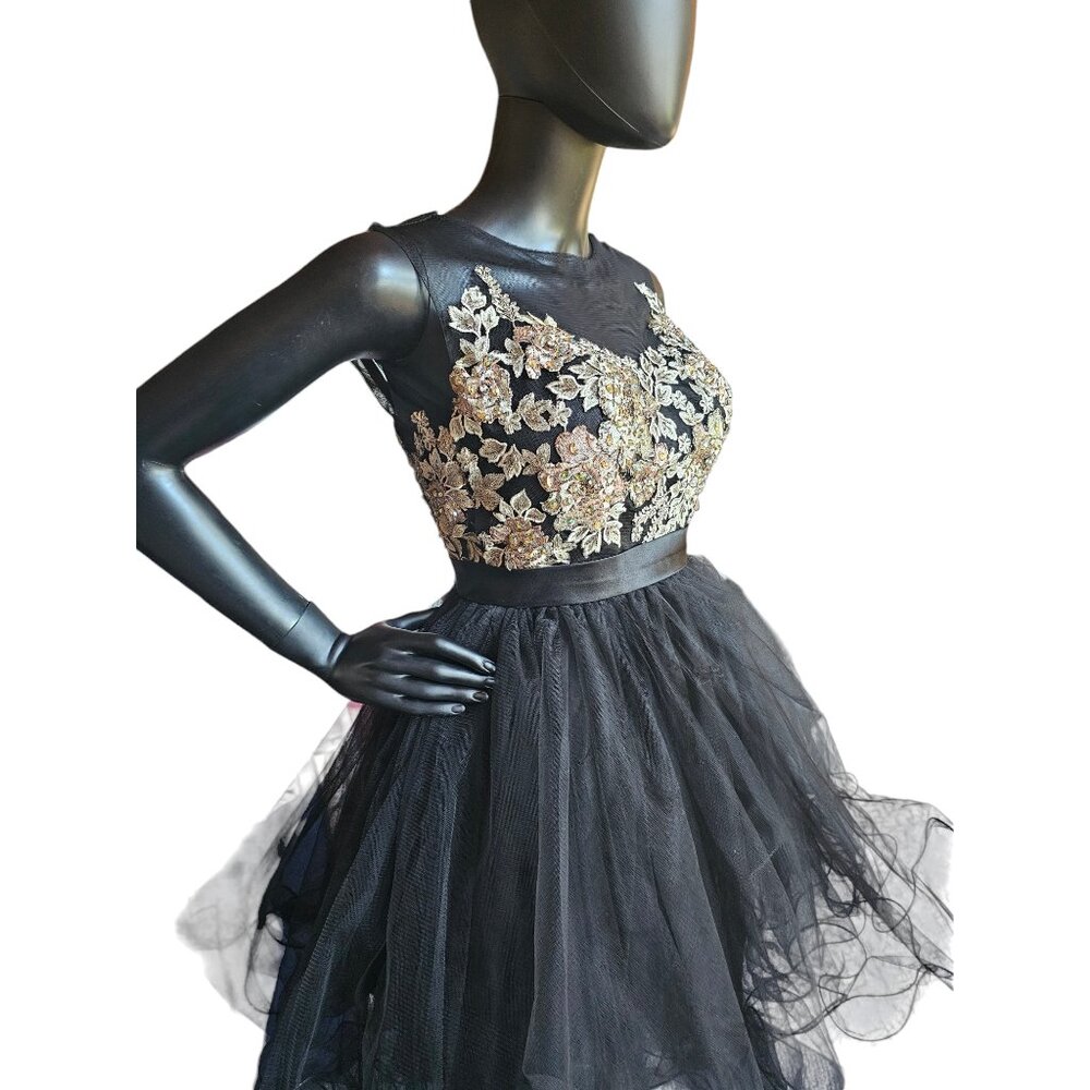 Black/Silver/Gold Embroidered Illusion Full Skirt Party Dress - Mori Lee